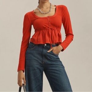 Pilcro x Anthropologie Red Scoop Neck Cropped Peplum Babydoll Blouse Size Small